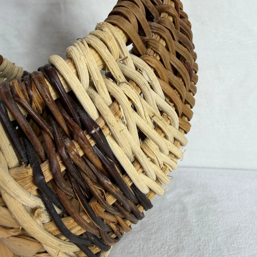 Handmade Tricolor Woven‎ Wicker Basket with Handle Rustic Brown Tan Decor